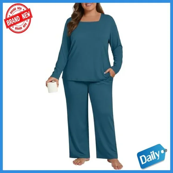 Plus Size Long Sleeve Pajama Set with Pockets, Rayon Spandex - Picture 2 of 8
